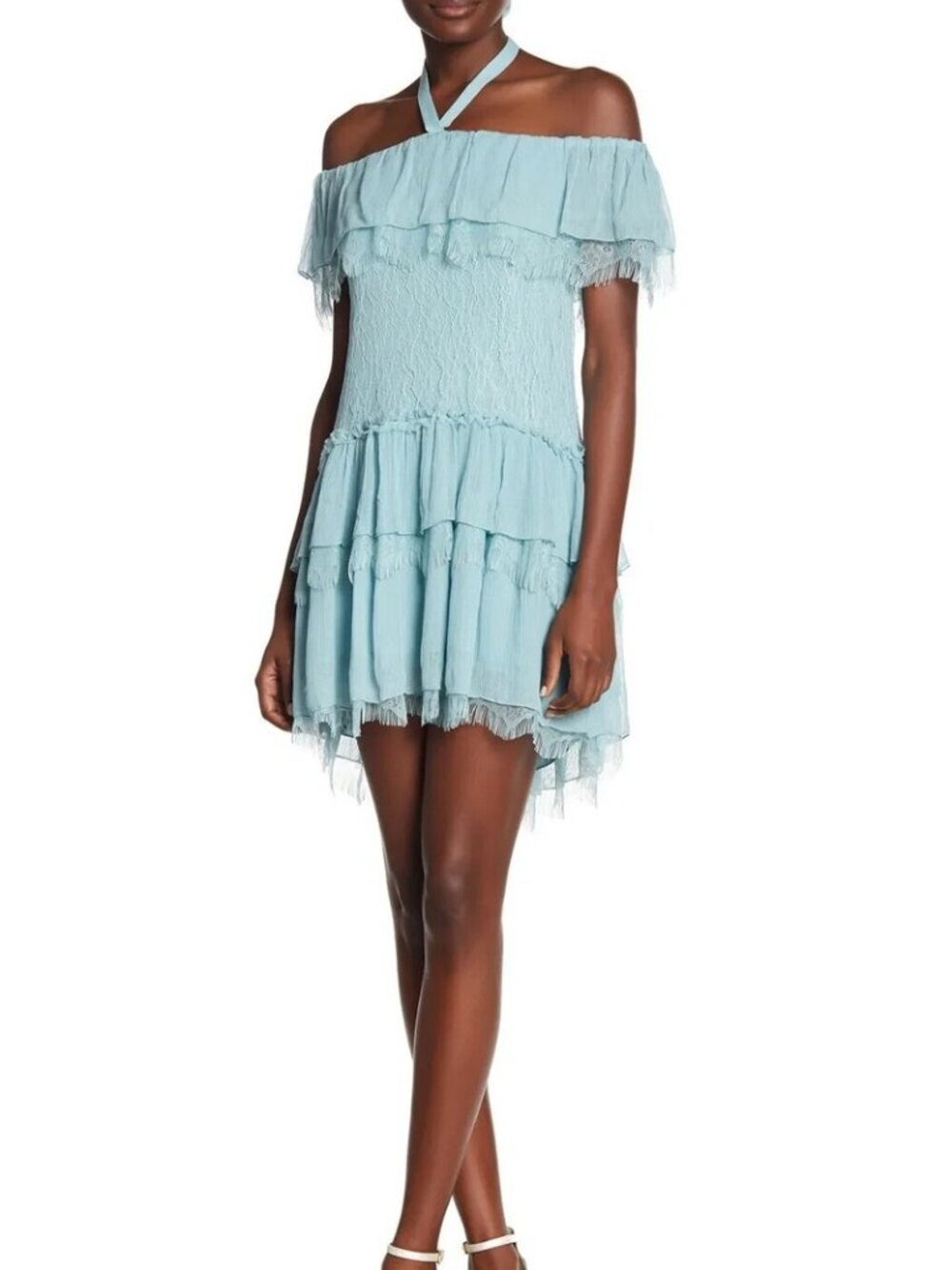 NWT Alice + Oliva Dress Size 4 Off The Shoulder Lace Mini Blue Icy Aqua Boho
